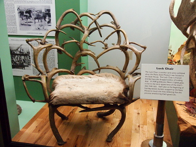 [Chair with back, sides, and legs made of antlers. The cusion is covered in deerhide.]